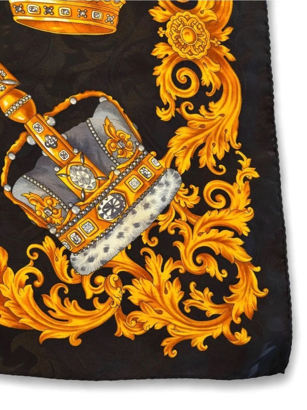 Vintage silk scarf with gold crowns and ornate scrollwork 33x33